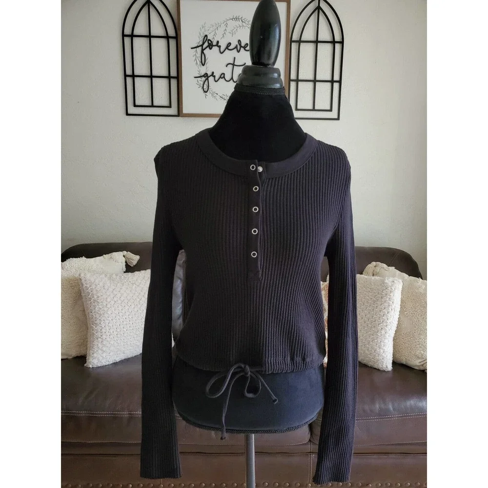 The Range Jumbo Stark Black Thermal Drawcord Long Sleeve Henley NWT